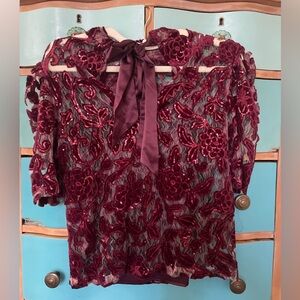 Anthropologie velvet cutwork sequin Elegant Burgundy Christmas Lace blouse  XS
